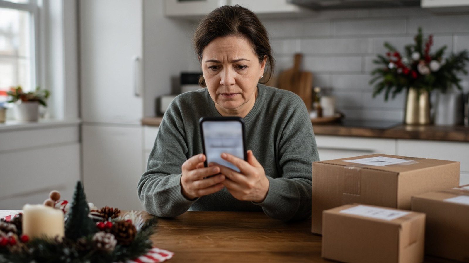 Woman reading a suspicious package delivery text message at home during the holidays